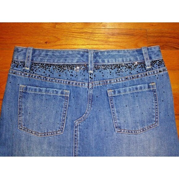 Denim Mini Skirt embellished rhinestones WAIST 30" POCKETS X2 blue frayed hem - Picture 5 of 8